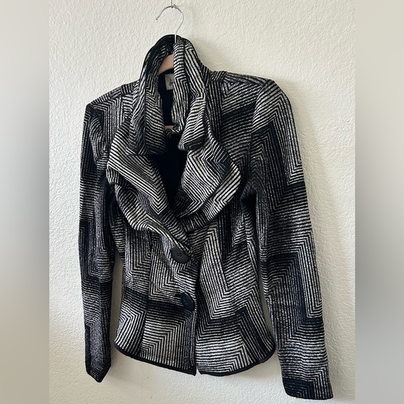 Joseph Ribkoff‎ Chevron Black & Silver Tiered High Collar Peplum Jacket SZ 6 - Picture 3 of 7